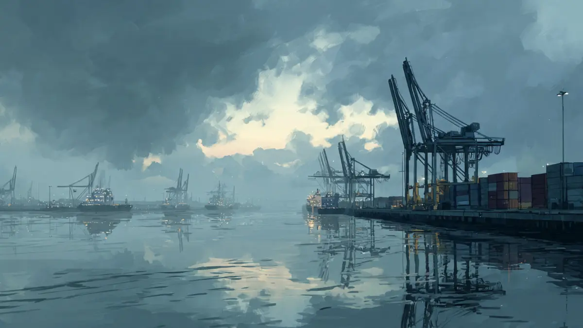 Ilustrasi cuaca mendung di kawasan pelabuhan. (AI)