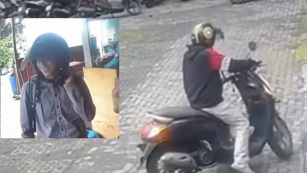 TEREKAM: Pelaku penggelapan saat membawa motor korban. Ini setelah korban sibuk menyiapkan pesanan pelaku 20 bungkus ayam geprek di Jalan Ketintang, Surabaya. (MAHRUS/RADAR SURABAYA