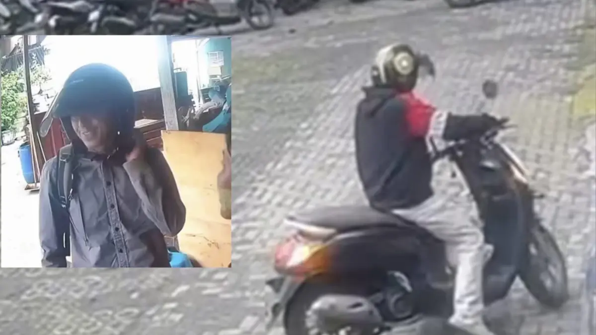 TEREKAM: Pelaku penipuan terpantau CCTV saat beraksi mengambil motor di Ketintang Madya, Surabaya. Ia membuat lengah korban dengan memesan ayam geprek dalam jumlah banyak.(IST/RADAR SURABAYA)