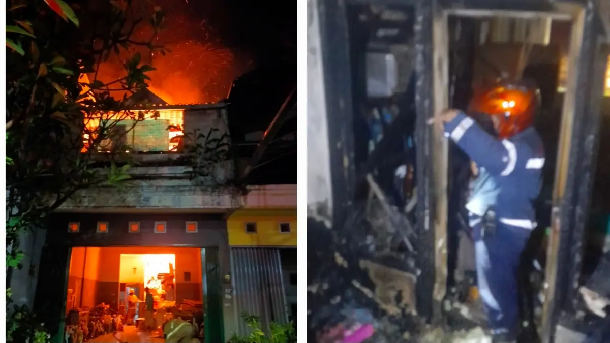 MENYALA: Kebakaran ruko di Jalan Sidoyoso, Surabaya, membuat pemilik toko terjebak dan meninggal dunia di lantai dua rumah. (IST/RADAR SURABAYA)