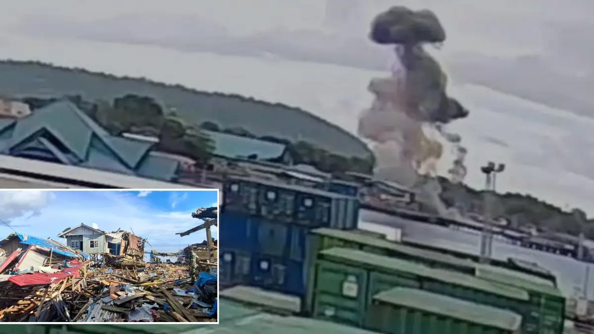 PORAK-PORANDA: Ledakan di kompleks Perikanan Jalan Wolter Monginsidi, Fandoi, Biak Numfor, Papua, yang mengakibatkan 2 orang meninggal dan pemukiman warga rusak, &nbsp;Minggu (31/5). &nbsp;(ISTIMEWA)