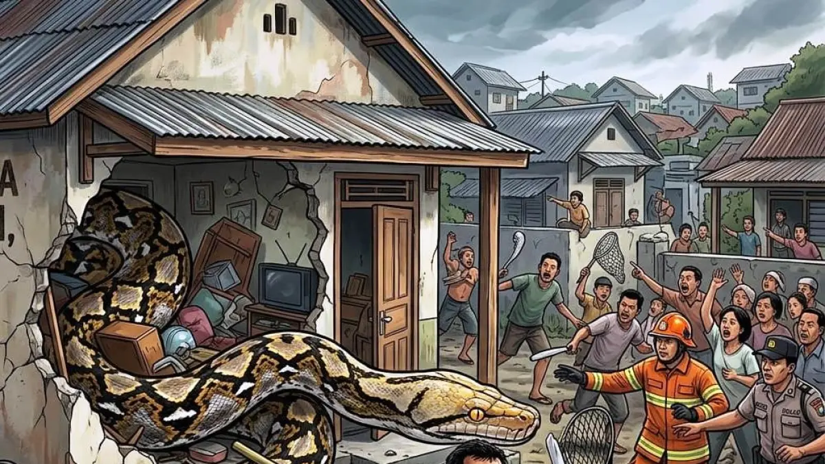 Ilustrasi gambar ular piton masuk rumah. (AI/RADAR SURABAYA)