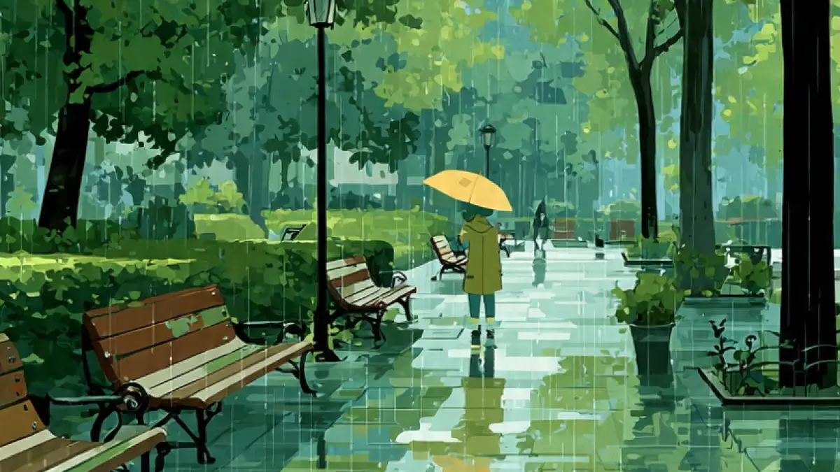 Ilustrasi hujan ringan di kawasan taman. (AI)