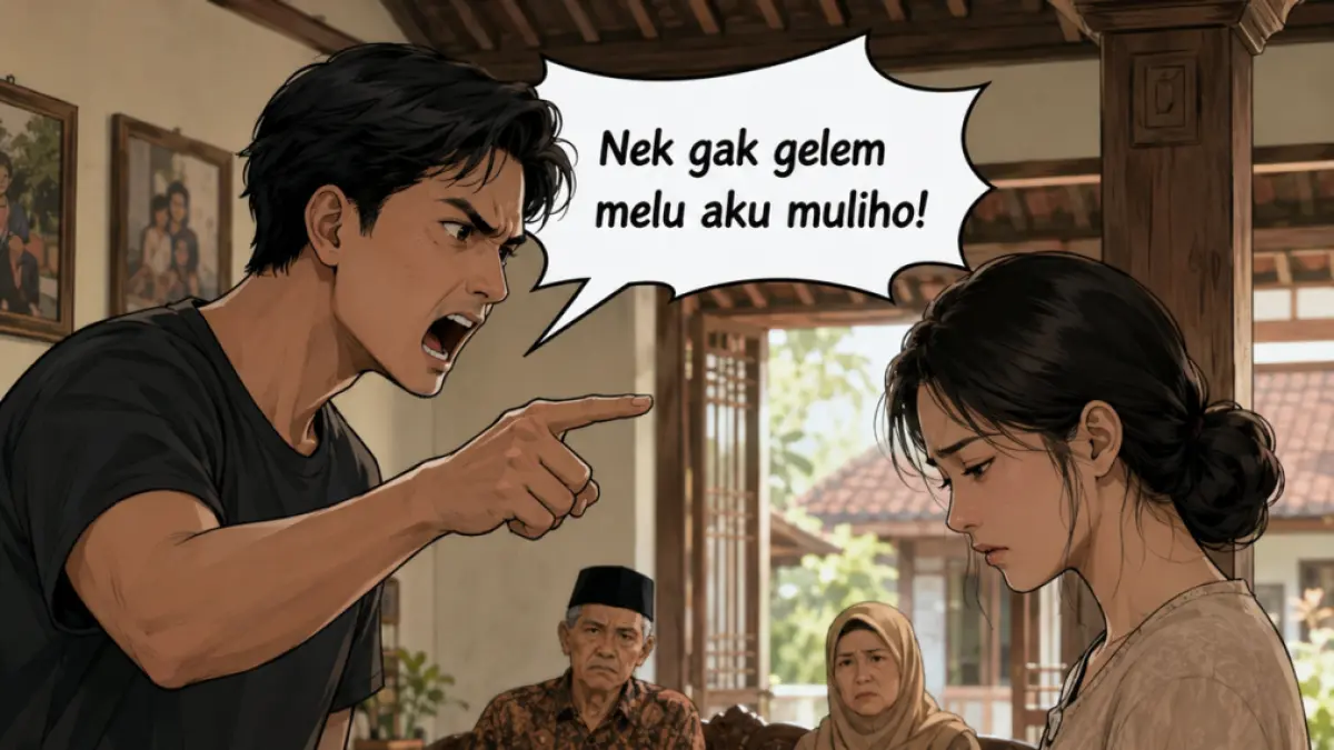 Ilustrasi suami membentak istri di hadapan orang tuanya. (AI)