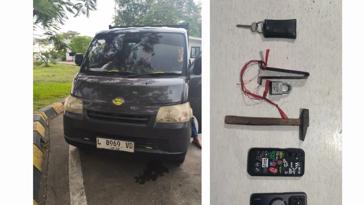DIAMANKAN: Polisi berhasil meringkus empat pelaku pencurian mobil pikap di Jalan Kutisari Selatan, Surabaya. Polisi juga menyita kunci duplikat dari tersangka (kiri). (IST/RADAR SURABAYA)