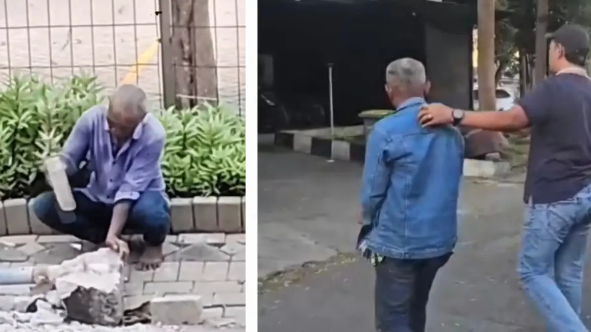 DIAMANKAN: Video viral menunjukkan aksi pencurian tiang besi Rambu di depan Satpas Colombo, Surabaya. Pelaku akhirnya ditangkap Patroli Siber Unit Reaksi Cepat Satreskrim Polres Pelabuhan Tanjung Perak. (IST/RADAR SURABAYA)