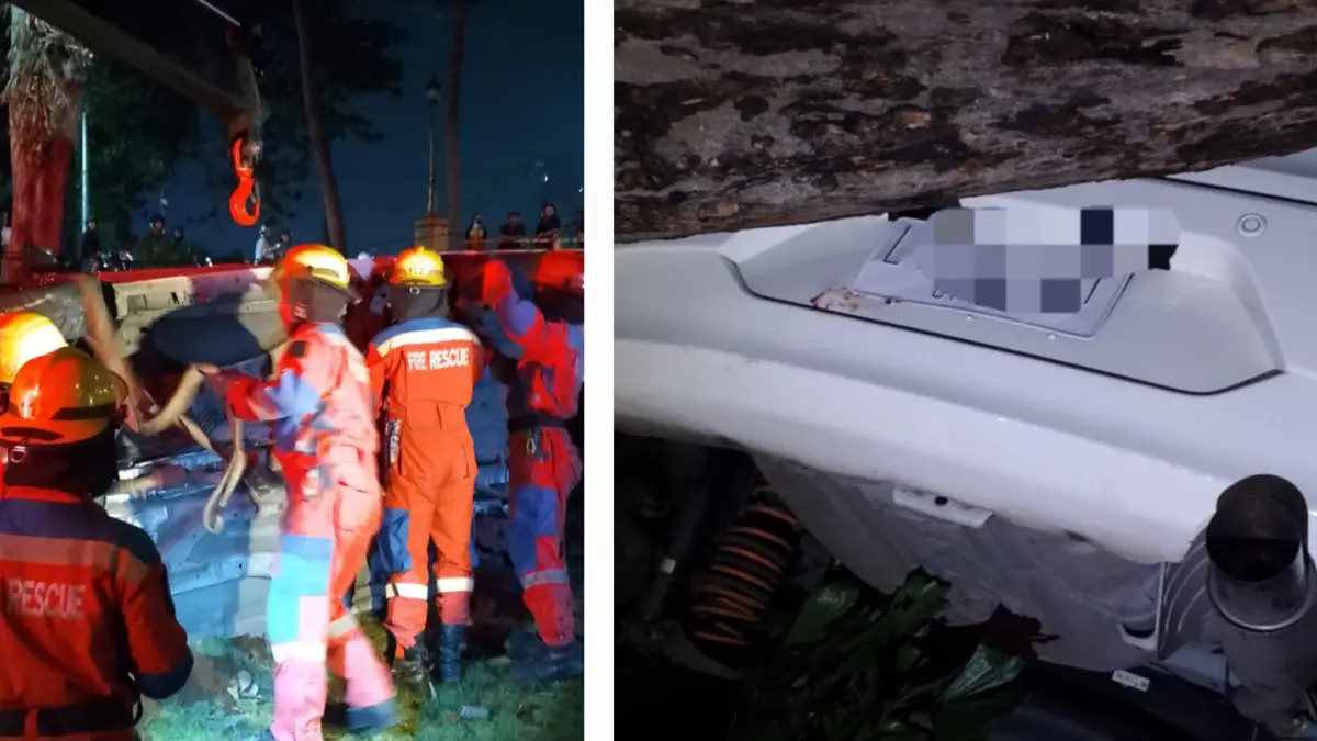 EVAKUASI: Petugas DPKP Surabaya melakukan evakuasi terkait mobil terjun dari flyover Gubeng Pojok, Surabaya.(IST/RADAR SURABAYA)