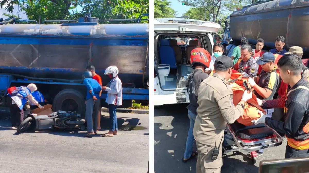TRAGIS: Petugas saat mengevakuasi jasad korban pengendara motor yang terlindas di bawah truk di Jalan Demak, Surabaya.(IST/RADAR SURABAYA)