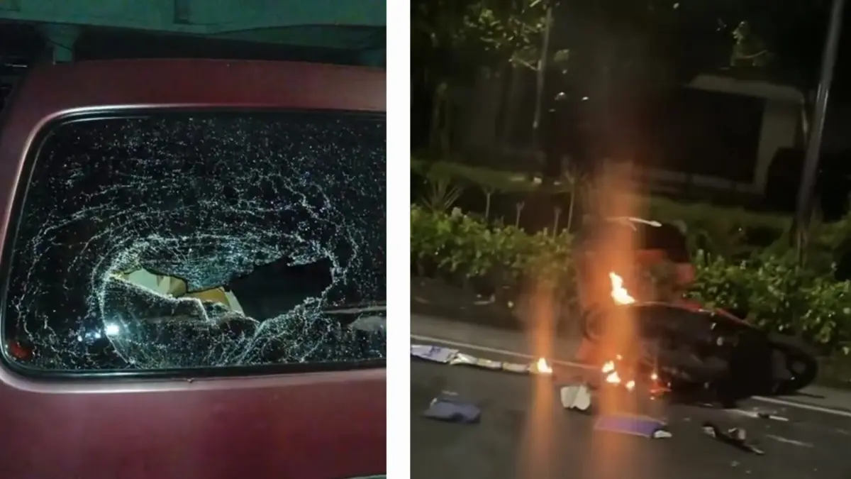 MERUGIKAN: Konvoi oknum pesilat merusak mobil dan membakar motor di Jalan Prapen, Surabaya. (IST/RADAR SURABAYA)