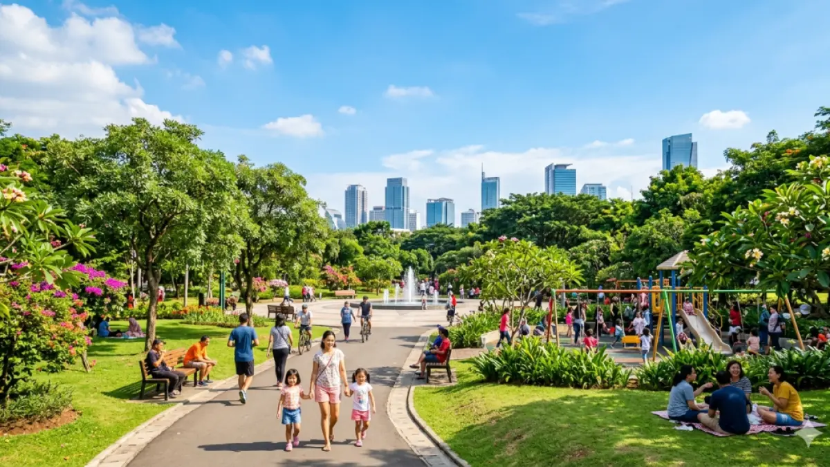 Ilustrasi cuaca cerah di taman kota. (AI)