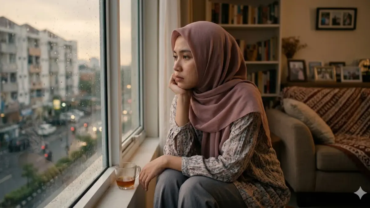 Ilustrasi istri melamun akibat masalah rumah tangga. (AI)