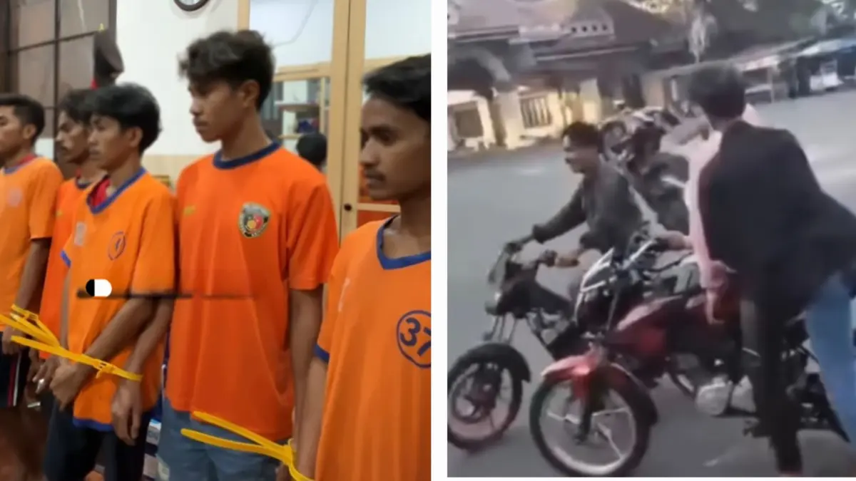 MENGAKU: Pelaku pengeroyokan pedagang martabak di Jalan Mulyosari, Surabaya, saat diinterogasi Kapolrestabes Surabaya Kombes Pol Lutfhie Sulistiawan. (IST/RADAR SURABAYA)