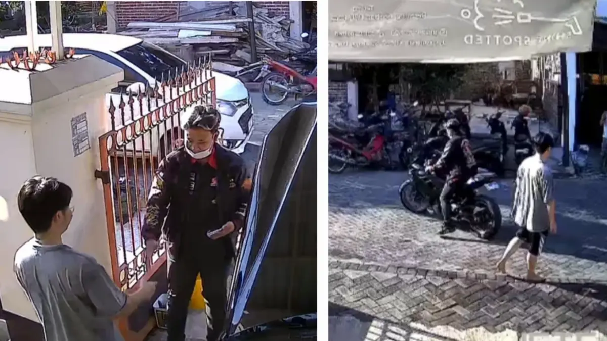 LICIK : Pelaku berjaket dan memakai masker saat datang ke rumah korban Moreno N di Jalan Gayungsari, Surabaya. Ia membawa kabur motor sport dengan modus test drive.(IST/RADAR SURABAYA)