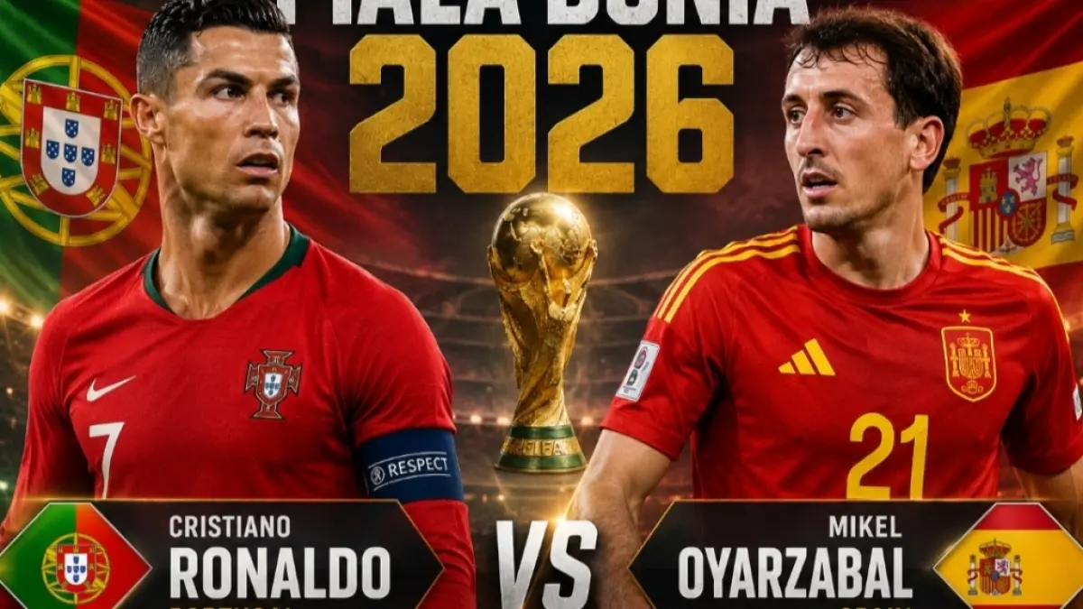 Adu tajam Cristiano Ronaldo vs Mikel Oyarzabal. (Ilustrasi AI) 