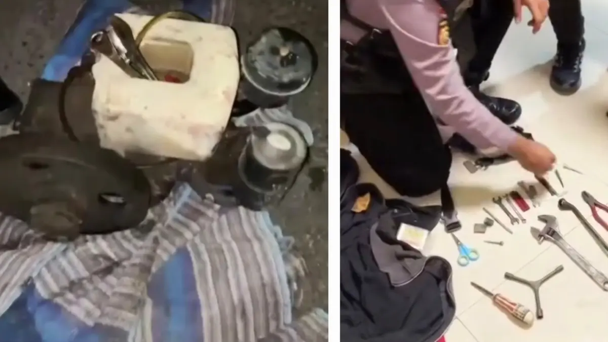 DITEMUKAN: Mesin dan berbagai kunci yang diamankan dari pelaku pencurian mesin saat diberhentikan di Jalan Bunguran, Surabaya, oleh Tim Jogoboyo Satsamapta Polrestabes Surabaya.(IST/RADAR SURABAYA)