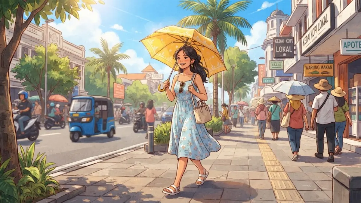Ilustrasi cuaca cerah di kawasan pertokoan. (AI)