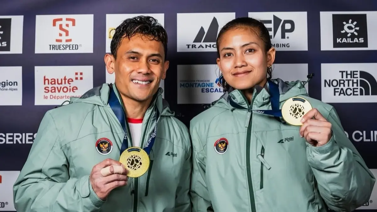 Veddriq Leonardo dan Desak Made Rita Kusuma Dewi sama-sama meraih medali emas pada seri Kejuaraan Dunia Panjat Tebing 2026 yang berlangsung di Prancis. (Instagram) 