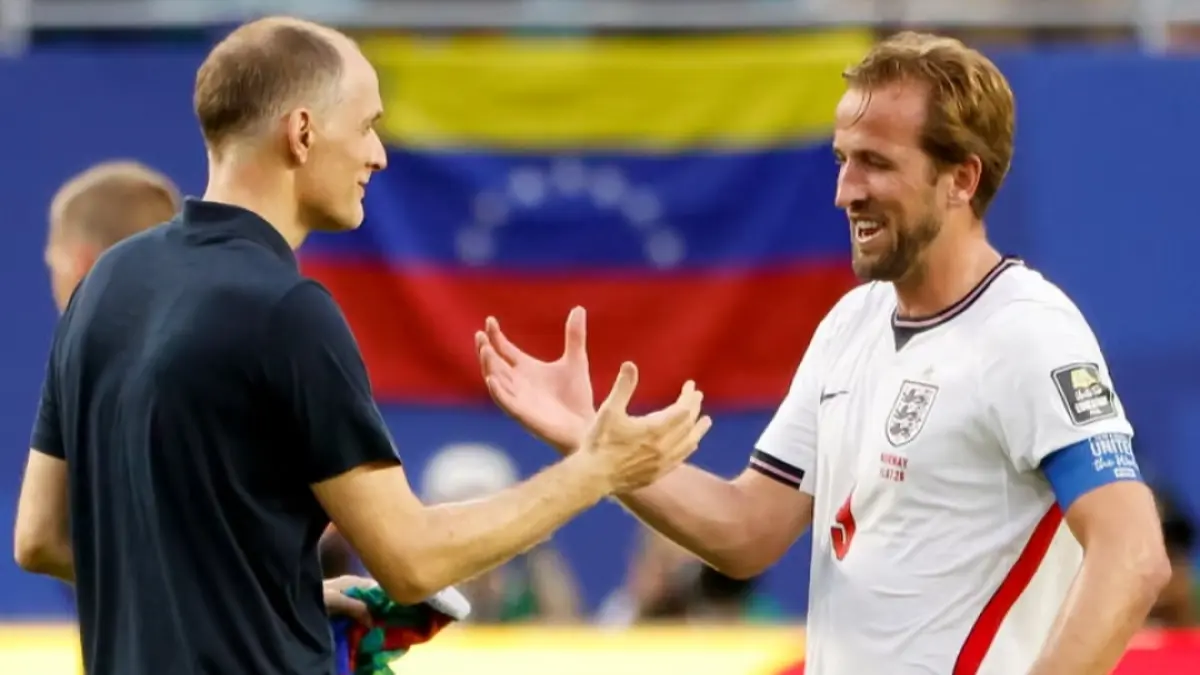 Thomas Tuchel dan Harry Kane menikmati kemenangan Inggris atas Norwegia.(Jean Catuffe/Getty Images). 