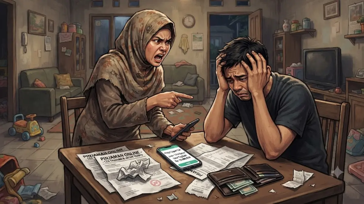 Ilustrasi istri ngamuk karena suaminya terjerat pinjaman online. (GEMINI)