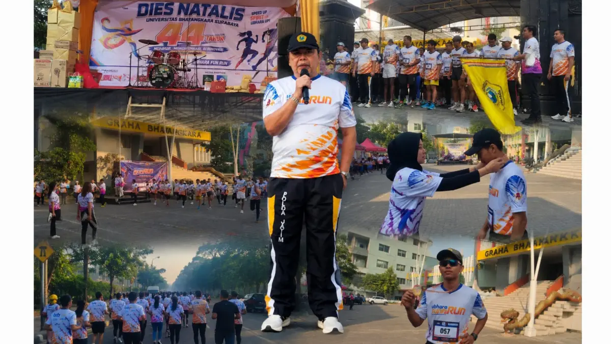SEMARAK: Rektor Ubhara Surabaya dalam sambutannya di acara Ubhara Fun Run 2026. (IST/RADAR SURABAYA)