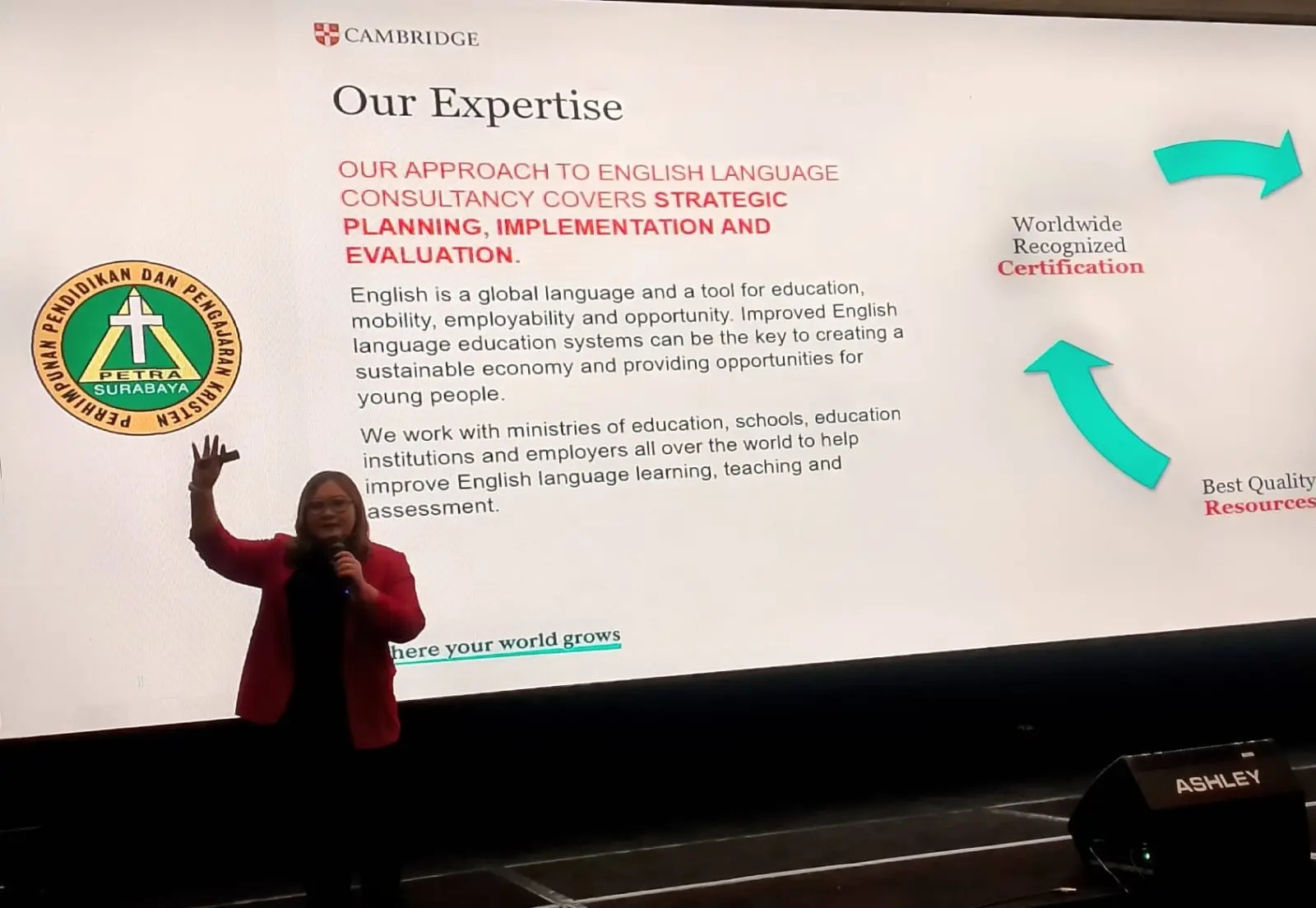 PENDIDIKAN GLOBAL: Country Head Cambridge University Press & Assessment Indonesia, Sonya Tobing,
memaparkan implementasi kurikulum Cambridge yang akan diterapkan di Petra Christian School Royal Residence.(Indra Wijayanto/Radar Surabaya)