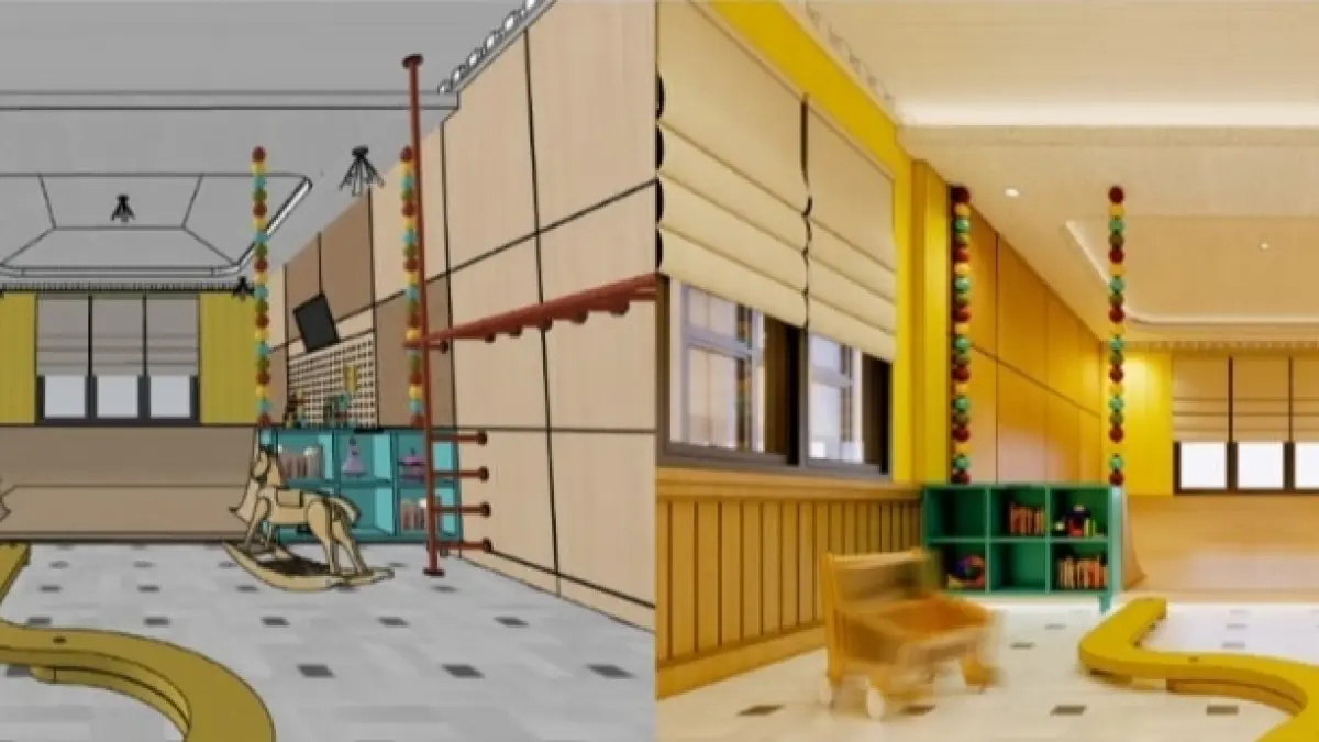 Sketsa redesain interior dan hasil rendering sketsa redesain interior dari salah satu sudut ruang panti asuhan anak balita.
