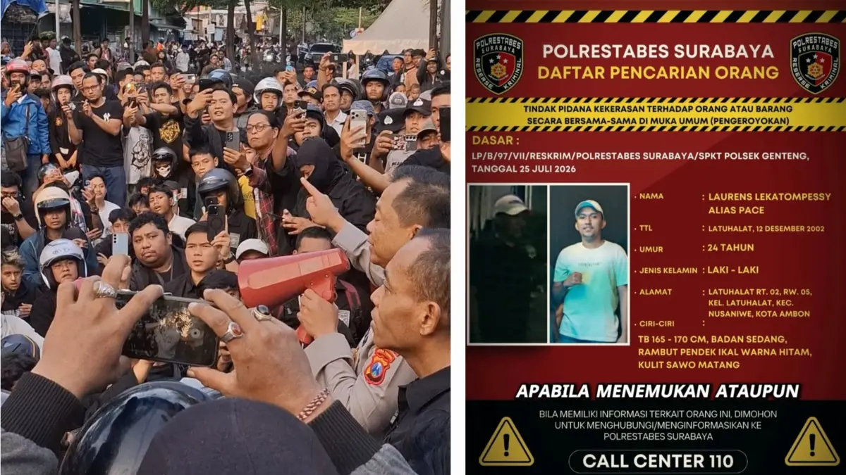 DICARI: Kapolrestabes Surabaya Kombes Pol Lutfhie Sulistiawan saat menemui massa PSHT. Lewat akun medsos pribadinya ia&nbsp;mengunggah identitas dan foto DPO pelaku pembacokan di Jalan Basuki Rahmat, Surabaya. (GUNTUR IRIANTO/RADAR SURABAYA)