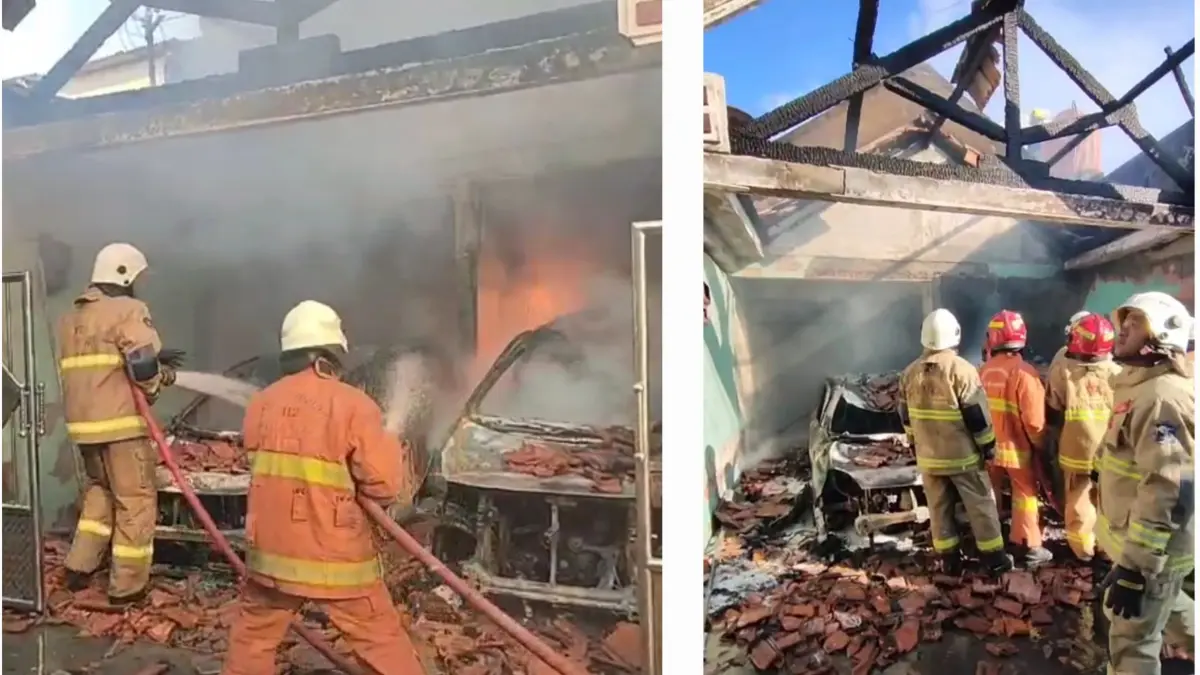 RANGKA: Dua unit mobil ikut terbakar dalam kebakaran rumah di Jalan Sambiarum, Sambikerep, Surabaya. (IST/RADAR SURABAYA)