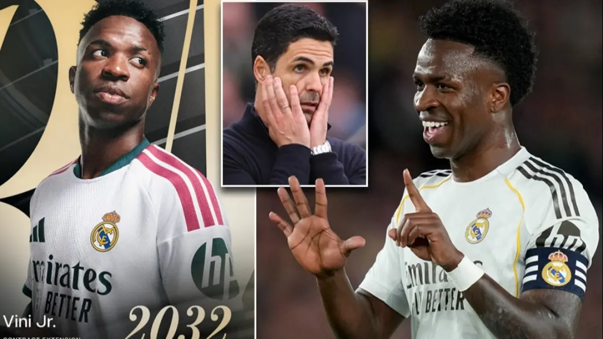 Penyerang Real Madrid, Vinicius Jr., telah menandatangani kontrak baru berdurasi enam tahun di tengah ketertarikan Arsenal untuk merekrutnya. (Daily mail(