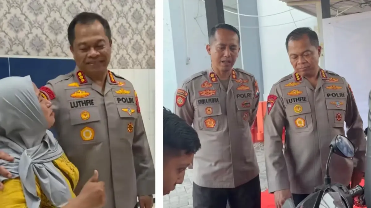 BERSYUKUR: Kapolrestabes Surabaya Kombes Pol Lutfhie Sulistiawan bersama korban Ina, warga Kalisari Sayangan, Surabaya yang motornya gagal dicuri karena alarm. Polrestabes Surabaya membagikan 1081 alarm motor (foto kanan).(IST/RADAR SURABAYA)
