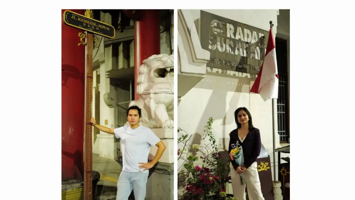 STROLLING AROUND: Tissa Biani dan Dul Jaelani saat menikmati sejumlah sudut Kota Lama Surabaya, salah satunya Kantor Radar Surabaya.