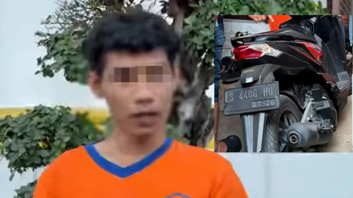TERTANGKAP: Tersangka MFGP saat diamankan Unit Resmob Satreskrim Polrestabes Surabaya usai mencuri motor milik temannya (insert) di warkop Jalan Lidah Wetan, Surabaya, Surabaya. (IST/RADAR SURABAYA)