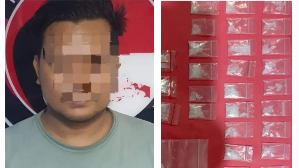 DIAMANKAN: Tersangka AT ditangkap Satresnarkoba Polres Pelabuhan Tanjung Perak Surabaya. Ia ditangkap di Jalan Rangkah, Surabaya, beserta 28 poket sabu.(IST/RADAR SURABAYA)