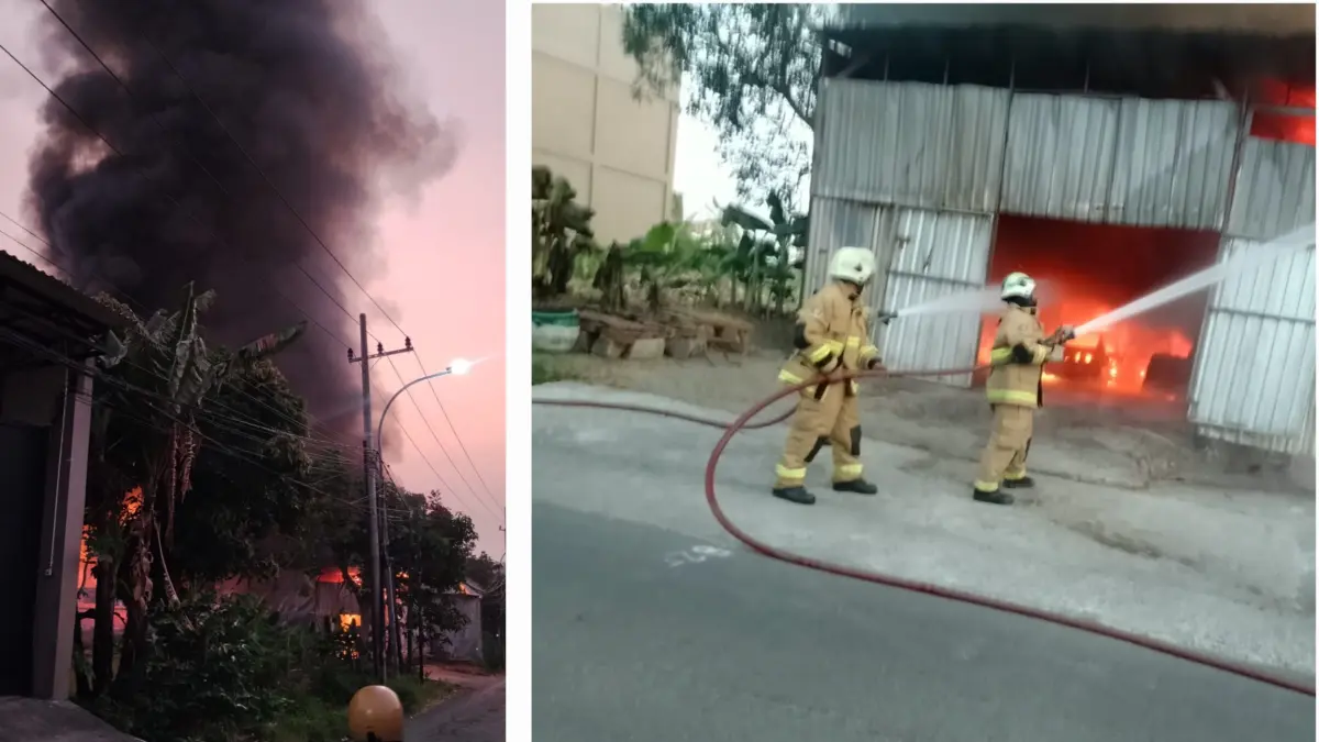 PEMADAMAN: Petugas DPKP Surabaya saat memadamkan api yang membakar gudang kayu di Jalan Ngemplak, Surabaya. (IST/RADAR SURABAYA)