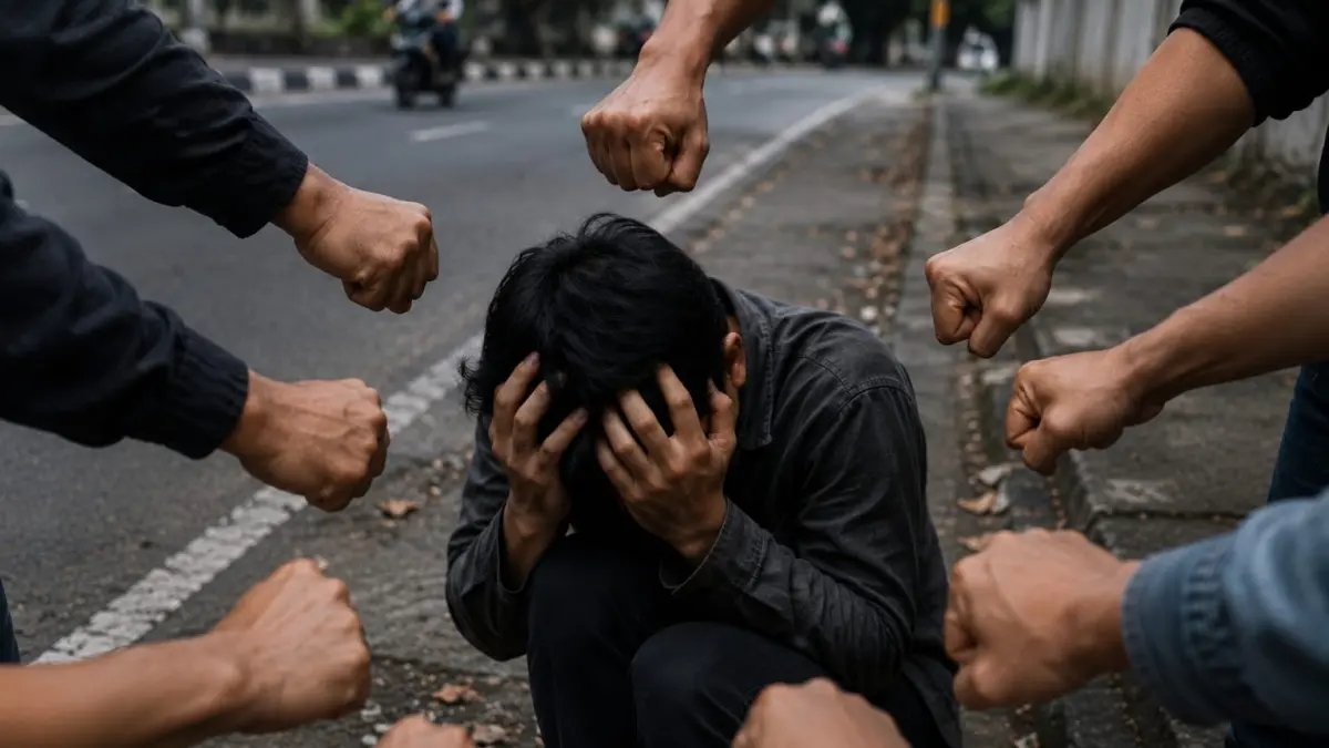 TERTANGKAP: Seorang terduga pelaku curanmor dihajar massa usai ketahuan mencuri di depan toko mebel, Jalan Jagir, Surabaya. (ILUSTRASI/AI/RADAR SURABAYA)