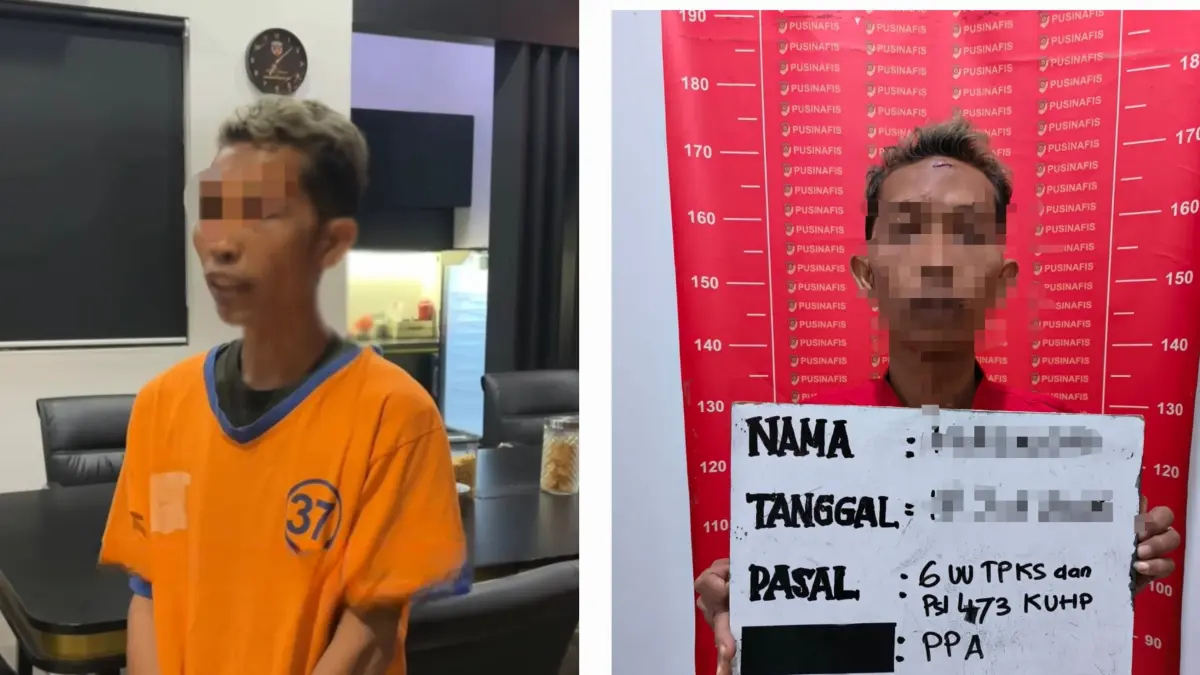 DIAMANKAN: Tersangka H saat diinterogasi Kapolrestabes Surabaya Kombes Pol Lutfhie Sulistiawan. Ayah tiri ini menyetubuhi korban yang masih SD hingga hamil lima bulan.(IST/RADAR SURABAYA)