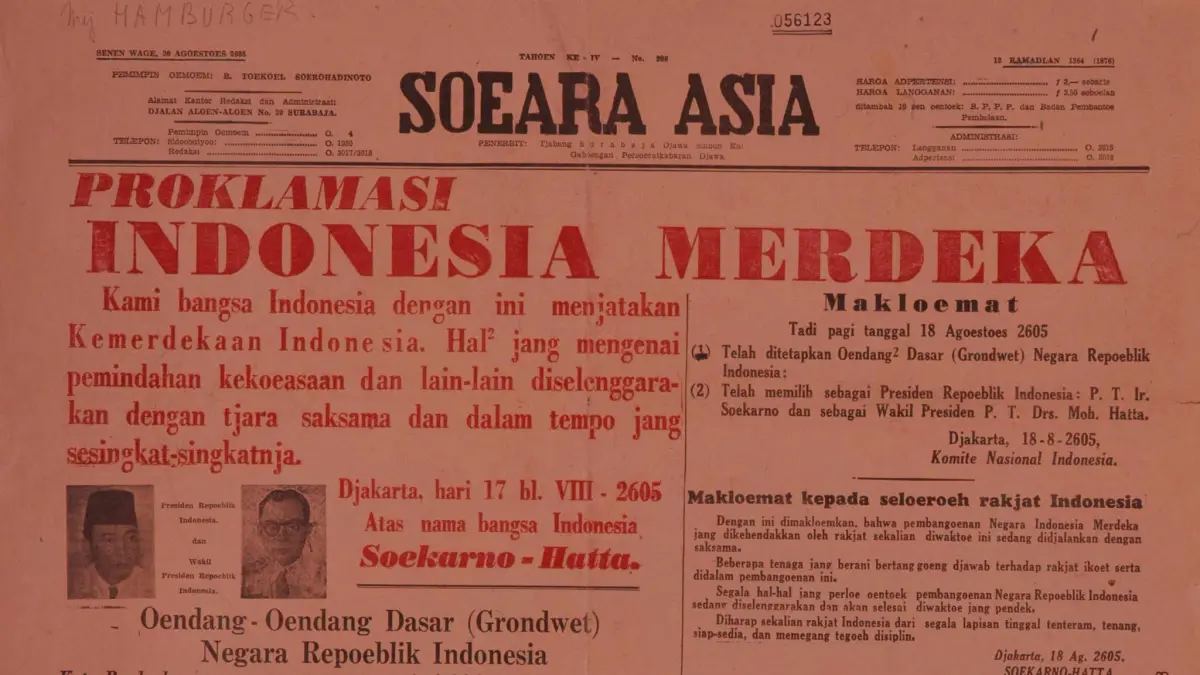 Koran Soeara Asia terbitan Surabaya yang menyebarluaskan berita Proklamasi Kemerdekaan Indonesia. (IST)