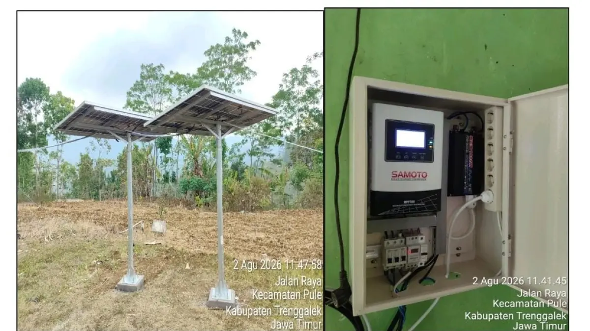 KARYA: Tim pengabdi berhasil memasang PLTS hibrida terotomasi pada unit Solar Dome Dryer kapasitas 1,6 ton.(IST/RADAR SURABAYA)