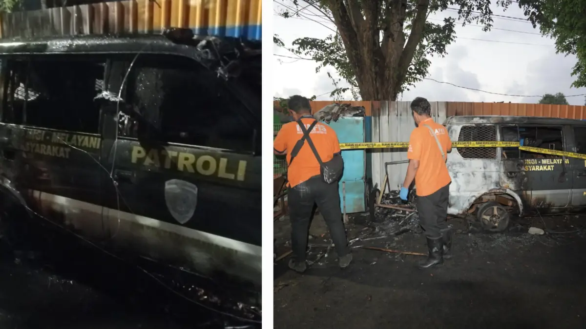 HANGUS: Mobil patroli Polsek Tambaksari usai dibakar saat diparkir tak jauh dari Mako. Kasus ini diselidiki Polrestabes Surabaya. (IST/RADAR SURABAYA)