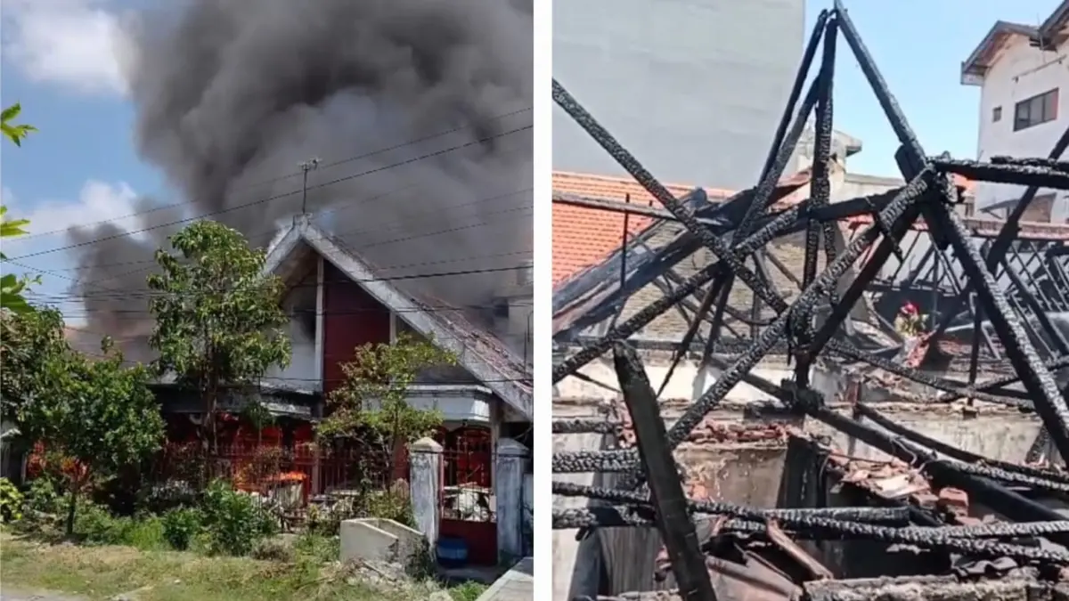 LUDES: Api membakar rumah di Jalan Teluk Kumai, Surabaya. Atap rumah korban menjadi arang usai kebakaran.(IST/RADAR SURABAYA)