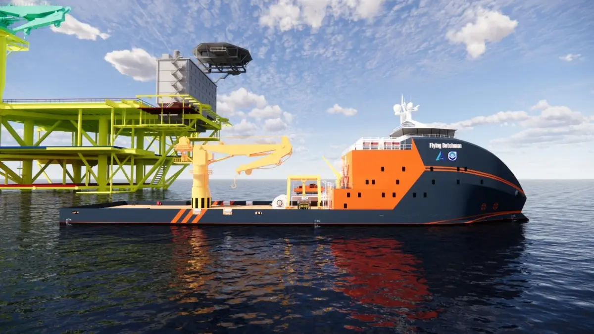 Visualisasi Kapal Flying Dutchman, rancangan tim riset gabungan ITS yang menggunakan konsep energi hidrogen untuk mendukung operasi lepas pantai dan laut dalam di perairan Natuna. (Istimewa) 
