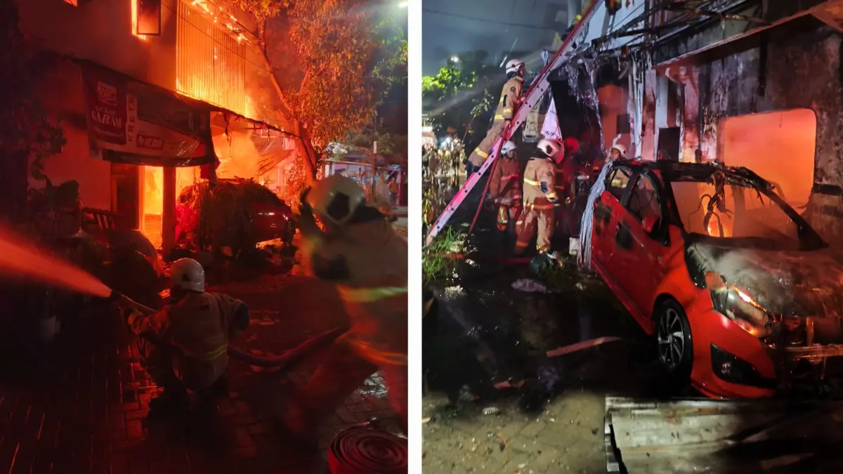 HABIS: Api membakar rumah di Jalan Waringin, Surabaya, motor dan mobil hangus terbakar (foto kanan).(IST/RADAR SURABAYA)