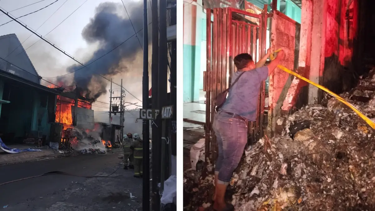 MEMBARA: Nampak api membakar gudang daur ulang kertas di Jalan Nambangan, Surabaya. Polisi memasang garis polisi usai pemadaman.(IST/RADAR SURABAYA)