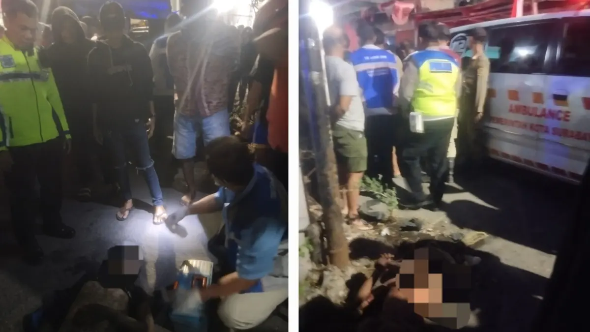 TERGELETAK: Dua pelaku curanmor usai dihajar massa di Jalan Mrutu Kalianyar, Surabaya. (IST/RADAR SURABAYA)