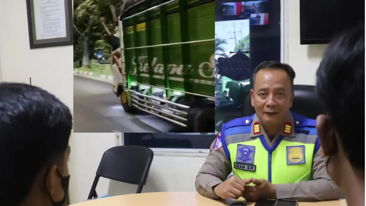 KAPOK: Kernet dan sopir truk yang viral di Suramadu arah Surabaya saat ditindak di Satlantas Polres Pelabuhan Tanjung Perak. (IST/RADAR SURABAYA)
