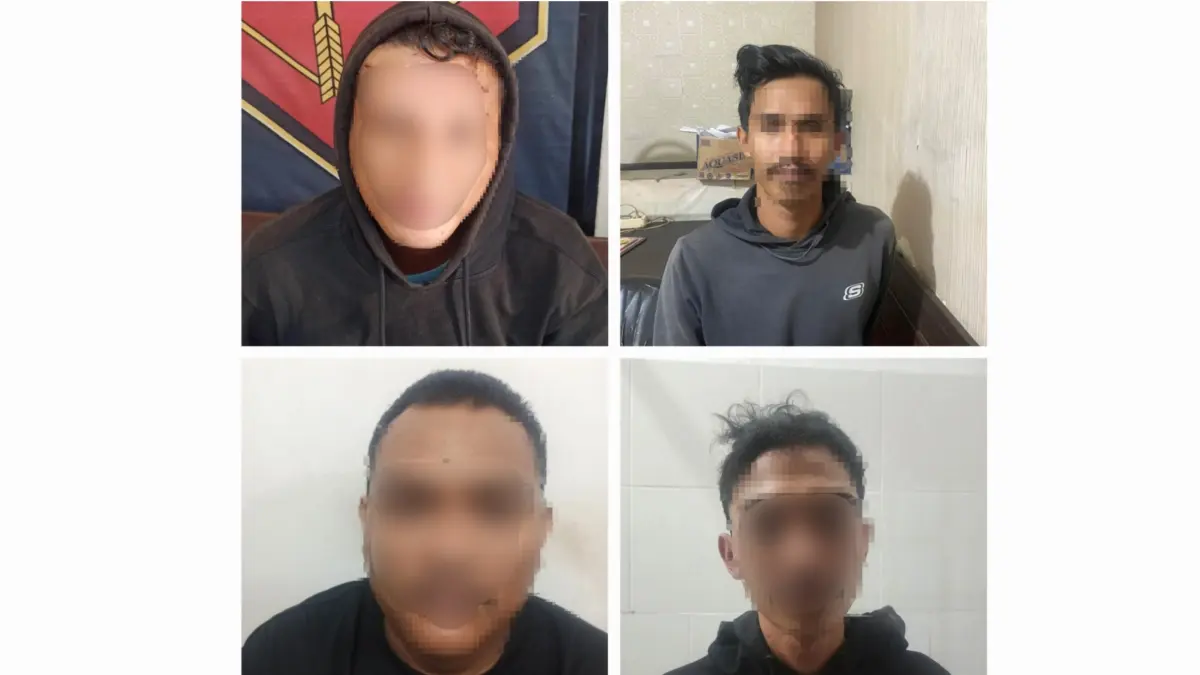 TEGAS: Empat komplotan jambret diamankan Polsek Sukolilo. Mereka beraksi di Surabaya dan Sidoarjo hingga menyebabkan dua korban tewas.(IST/RADAR SURABAYA)