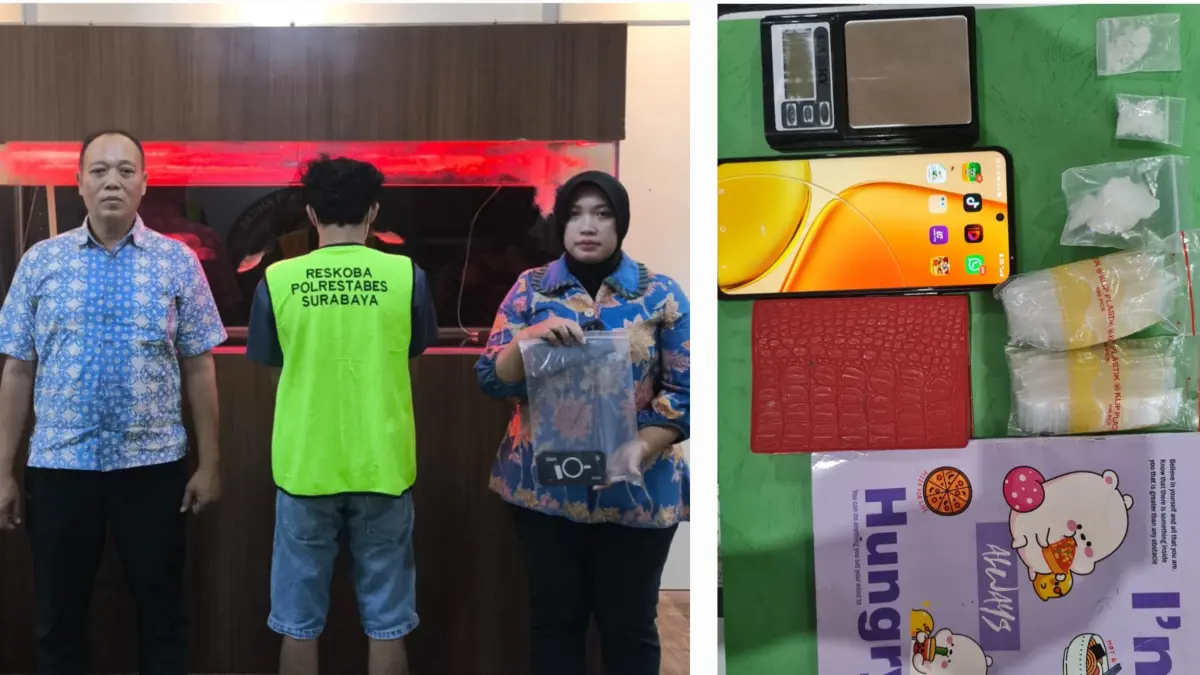KETAHUAN: Tersangka BN asal Lamongan saat diamankan Satresnarkoba Polrestabes Surabaya di kontrakannya. Polisi menemukan sabu disimpan dalam bungkus bekas makanan.(IST/RADAR SURABAYA)