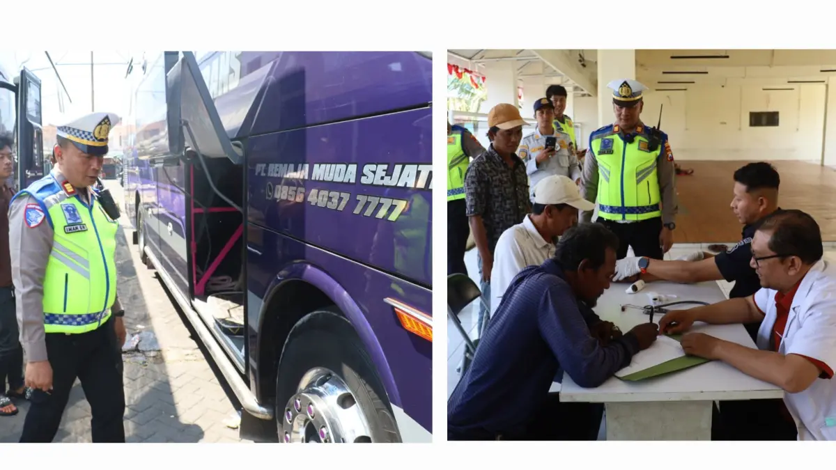 DIPERIKSA: Kasatlantas Polres Pelabuhan Tanjung Perak AKP Imam Sayfudin Rodji saat mengecek kondisi ban bus di Wisata Religi Sunan Ampel, Surabaya. Sopir dan kernet juga dites urine (foto kanan).(IST/RADAR SURABAYA)