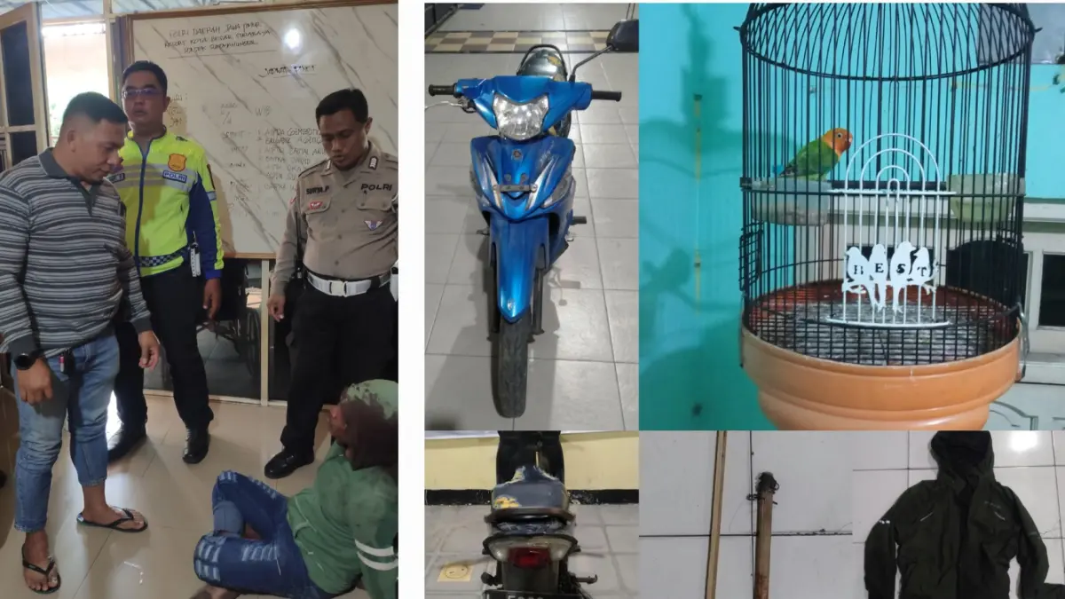 TEPERGOK: Tersangka MRK saat diamankan usai ketahuan mencuri burung love bird di Jalan Simo Jawar, Surabaya. Polisi mengamankan barang bukti pencurian (foto kanan).(IST/RADAR SURABAYA)