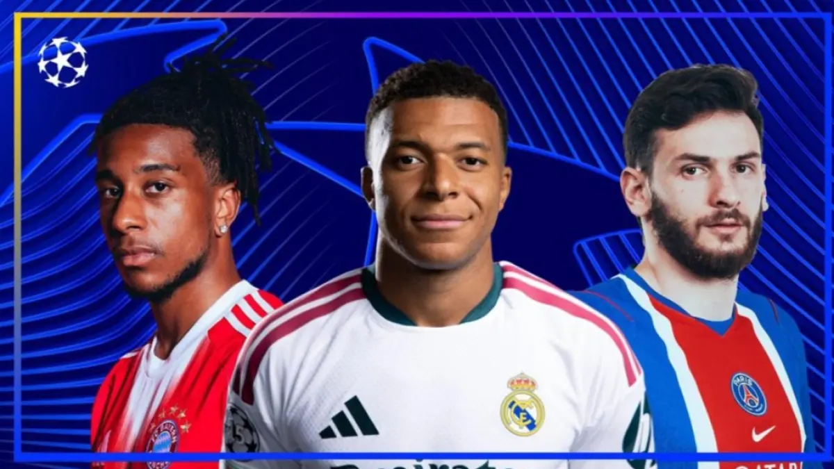 Michael Olise (Bayern Munich) , Kylian Mbappé (Real Madrid) dan Khvicha Kvaratskhelia (PSG). (UEFA Champions League) 